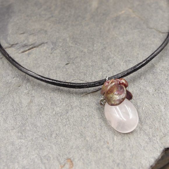 Light Pink Rose Quartz Stone Pendant with Sculpted Clay Detail on a Faux Leather - Picture 1 of 6